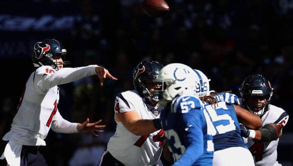 INDIANAPOLIS, INDIANA - OCTOBER 17: Davis Mills #10 of the Houston Texans throws a pass against the Indianapolis Colts in the first half at Lucas Oil Stadium on October 17, 2021 in Indianapolis, Indiana. (Photo by Andy Lyons/Getty Images)